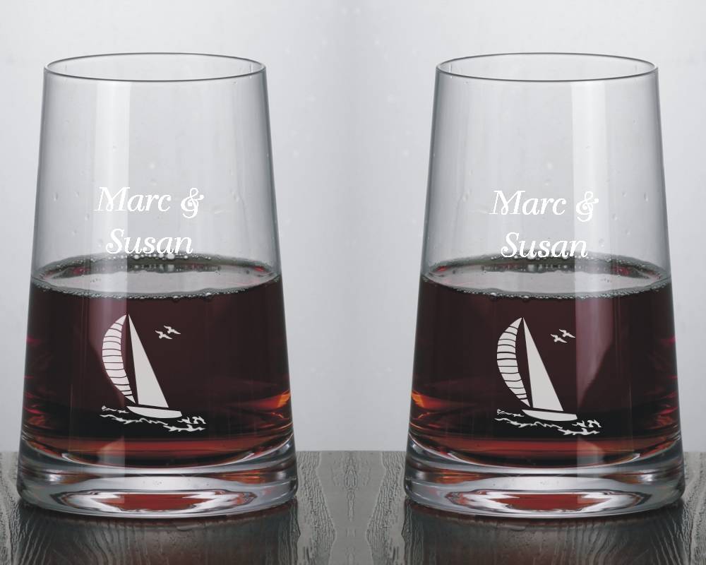 Modernist Stemless Engraved Red Wine Glasses