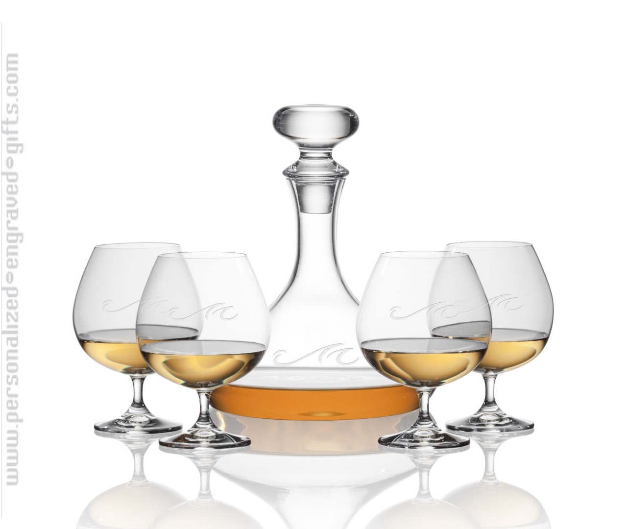Meticulously Engraved Long Necked Decanter Brandy Set of 4 Chaz
