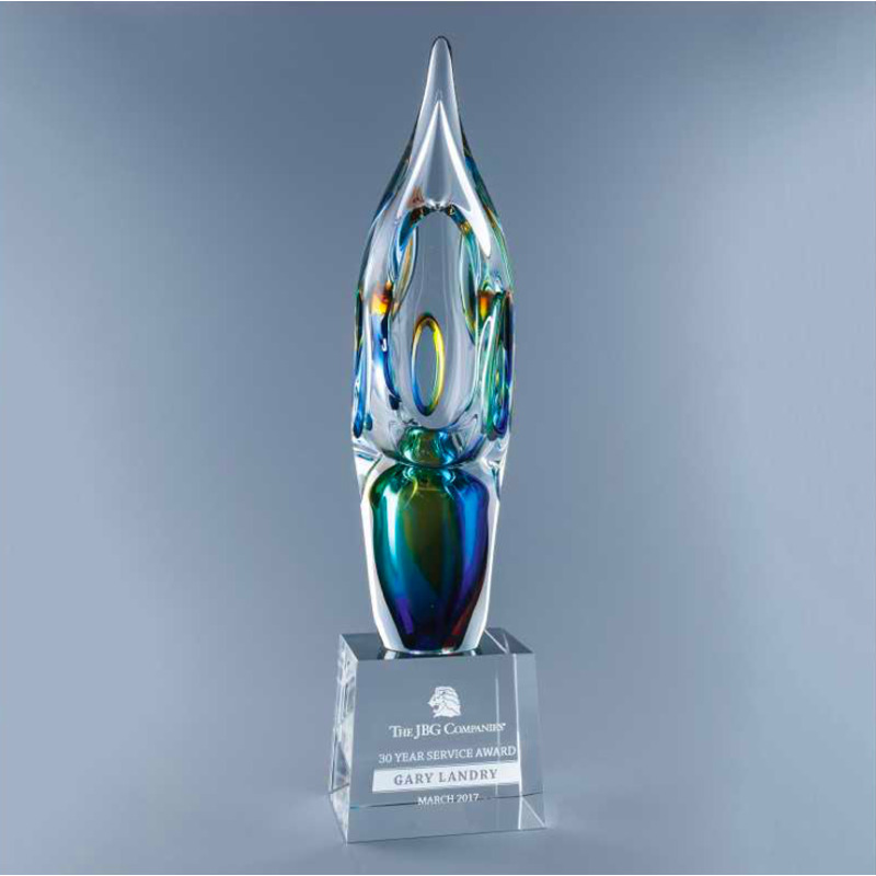 Abstract Engraved Art Glass Award with Warm Mediterranean Colors- Percy