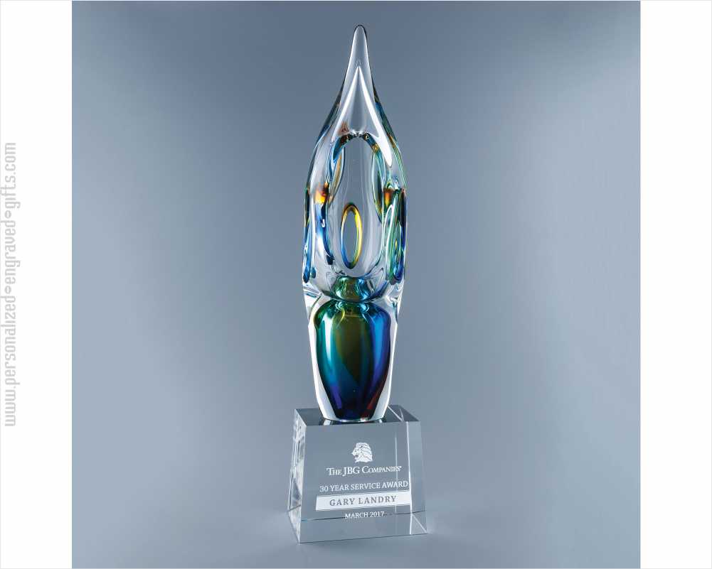 Abstract Engraved Art Glass Award with Warm Mediterranean Colors- Percy