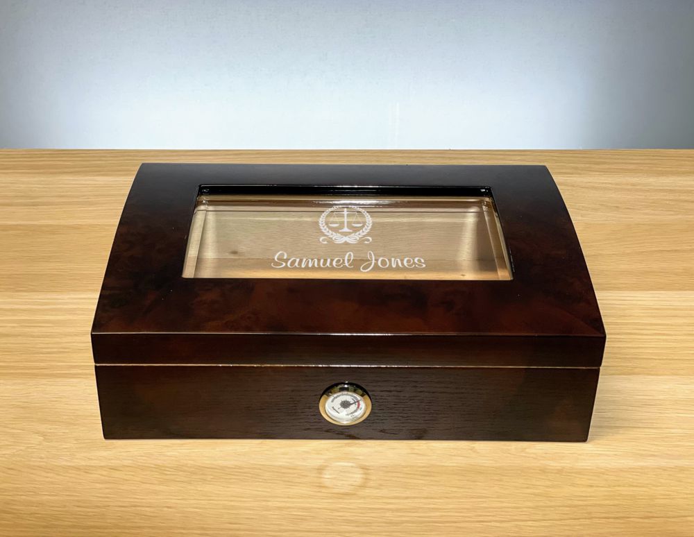 Dark Wood Finish Desktop Humidor with Engraved Glass Top - Ammons