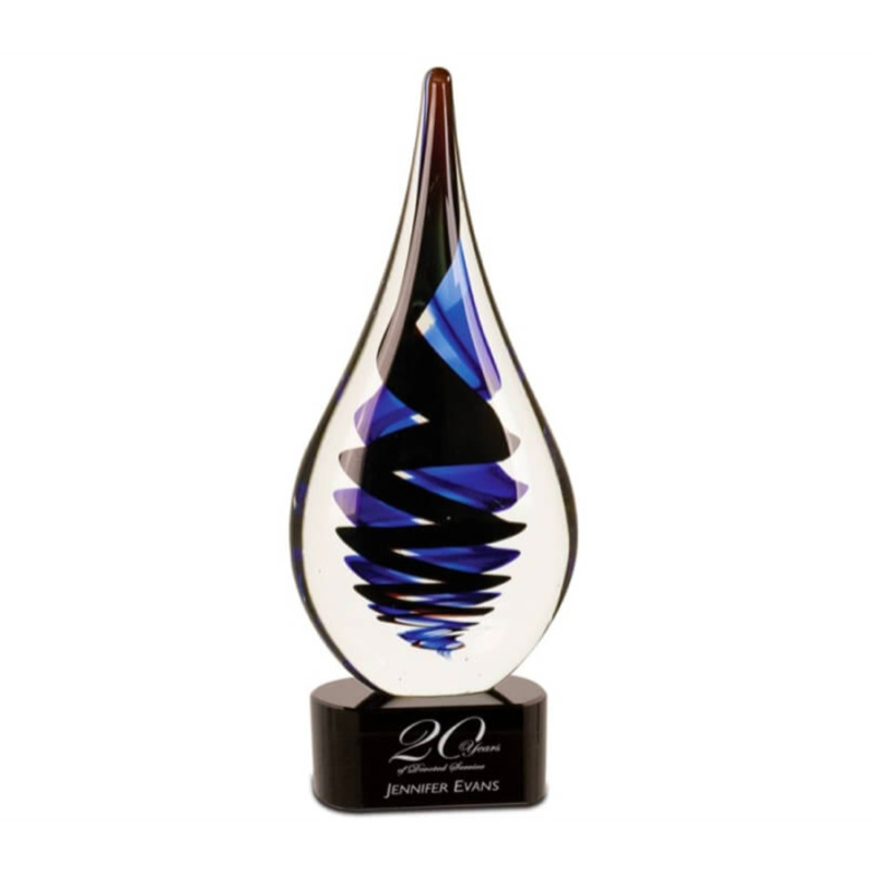 Art Glass Teardrop Award with Black and Blue Swirls