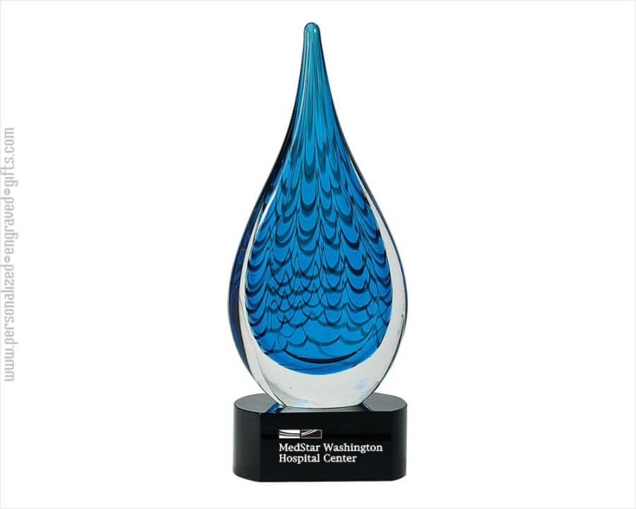 Engraved Blue Crystal Rain Drop Art Glass Award on Black Base