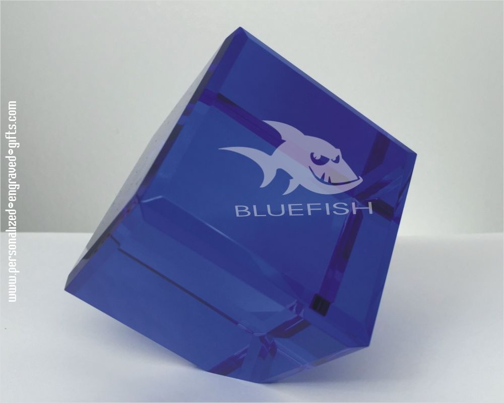 Standing Crystal Blue Customized Cube Paperweight Award