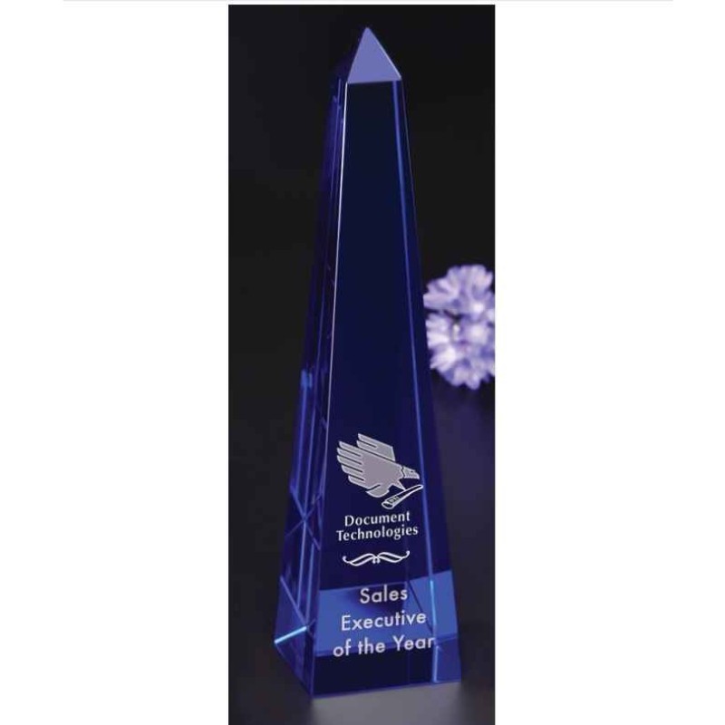Custom Etched Blue Glass Obelisk Award