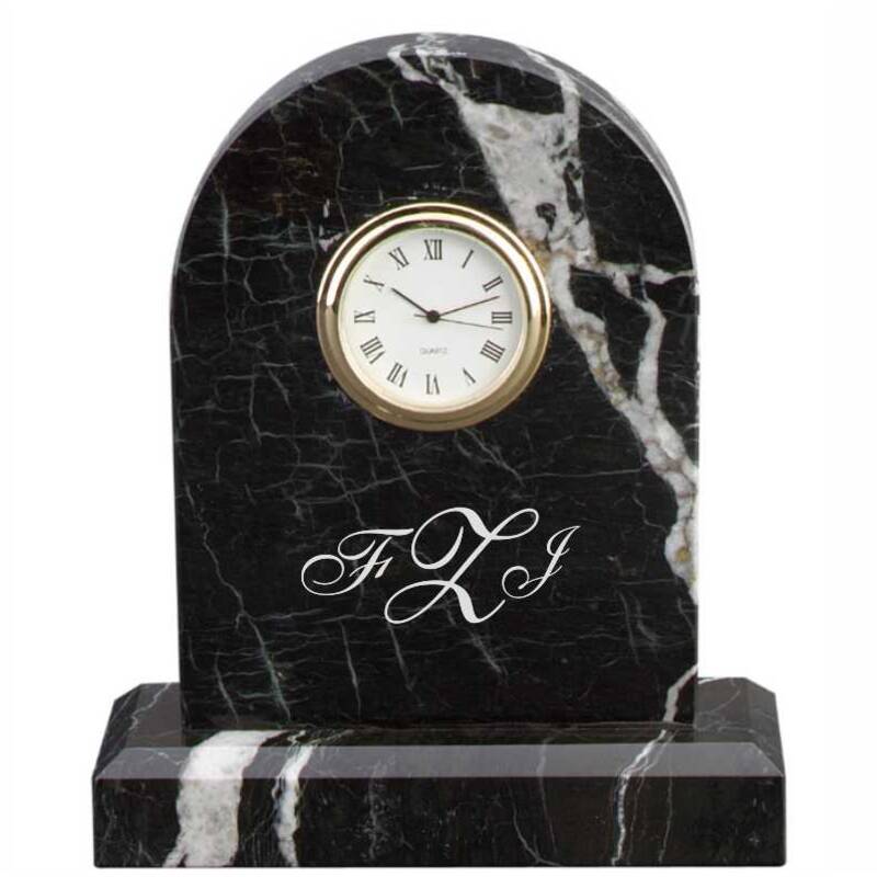 Engraved Arched Marble Clock - Black Zebra