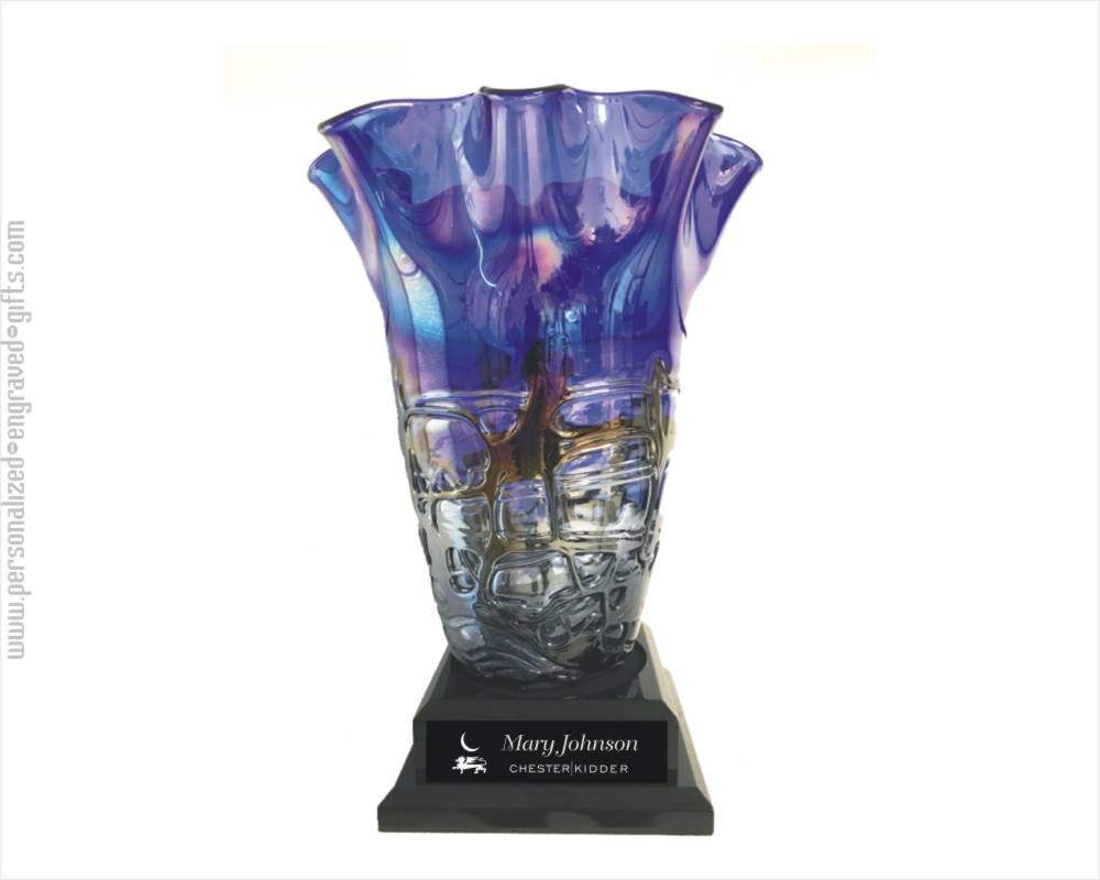 Engraved Blue Iridescent Art Glass Vase - Adela