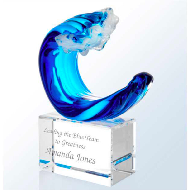 Engraved Art Glass Wave Award and Pearl White Caps
