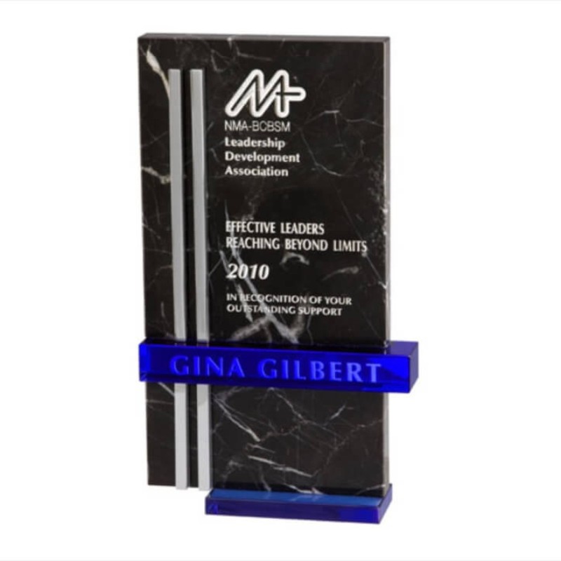 Engraved Black Marble Award with Blue and Chrome Accents