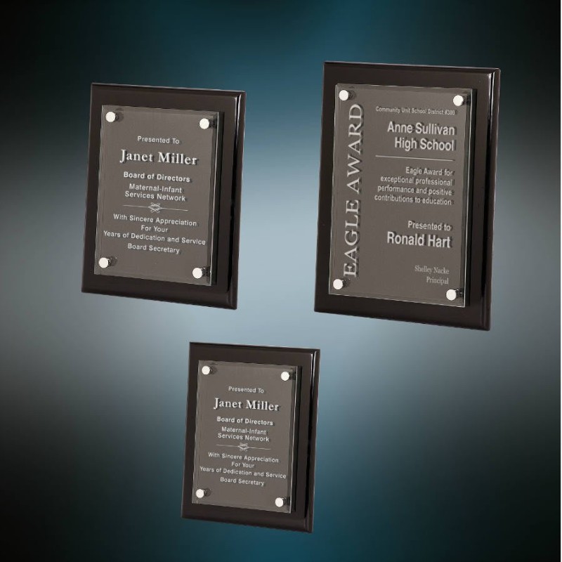 Engraved Black Piano Finish Wall Plaque with Floating Glass