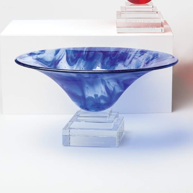 Engraved Blue Art Glass Presentation Bowl Darcy