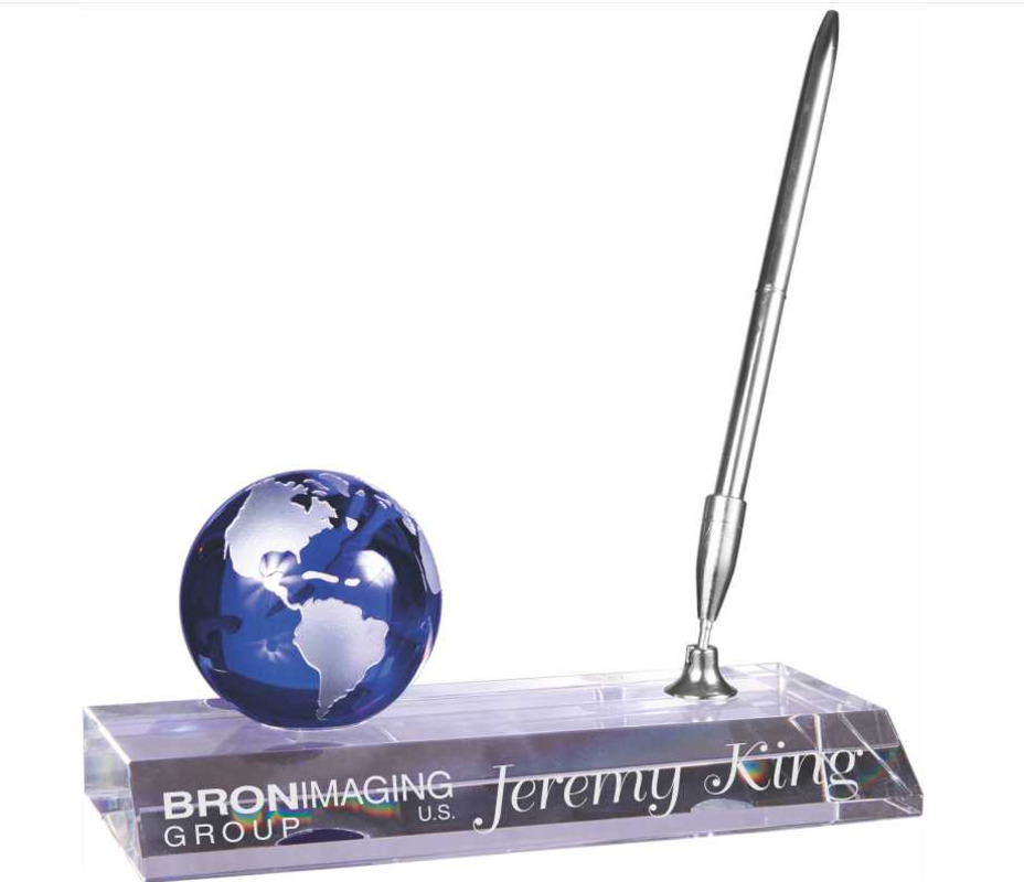 Engraved Blue Crystal Globe Name Plate with Silver Pen