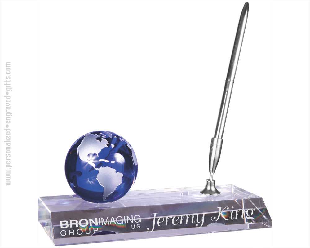 Engraved Blue Crystal Globe Name Plate with Silver Pen