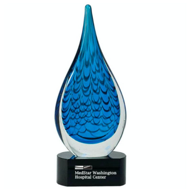 Engraved Blue Crystal Rain Drop Art Glass Award on Black Base