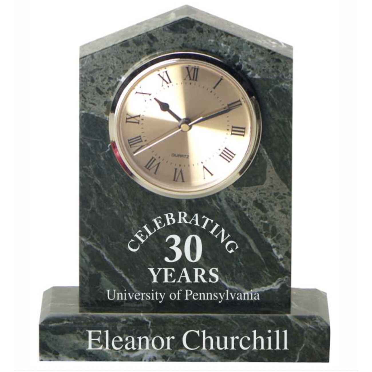 Engraved Cathedral Clock in Jade Marble with Personalized Text