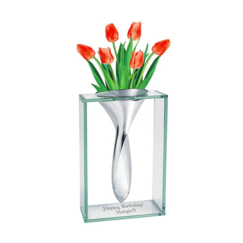 Engraved Contemporary Chrome and Glass Vase – Twist