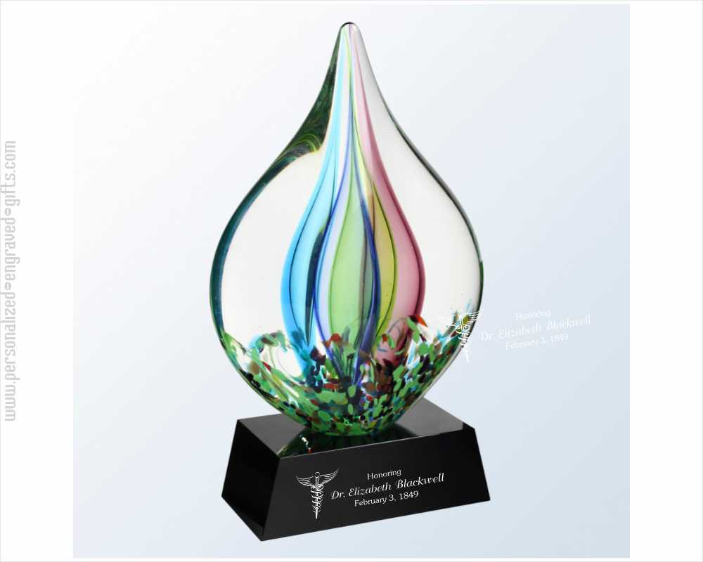 Engraved Art Glass Coral Inspired Award on Black Base Camelot