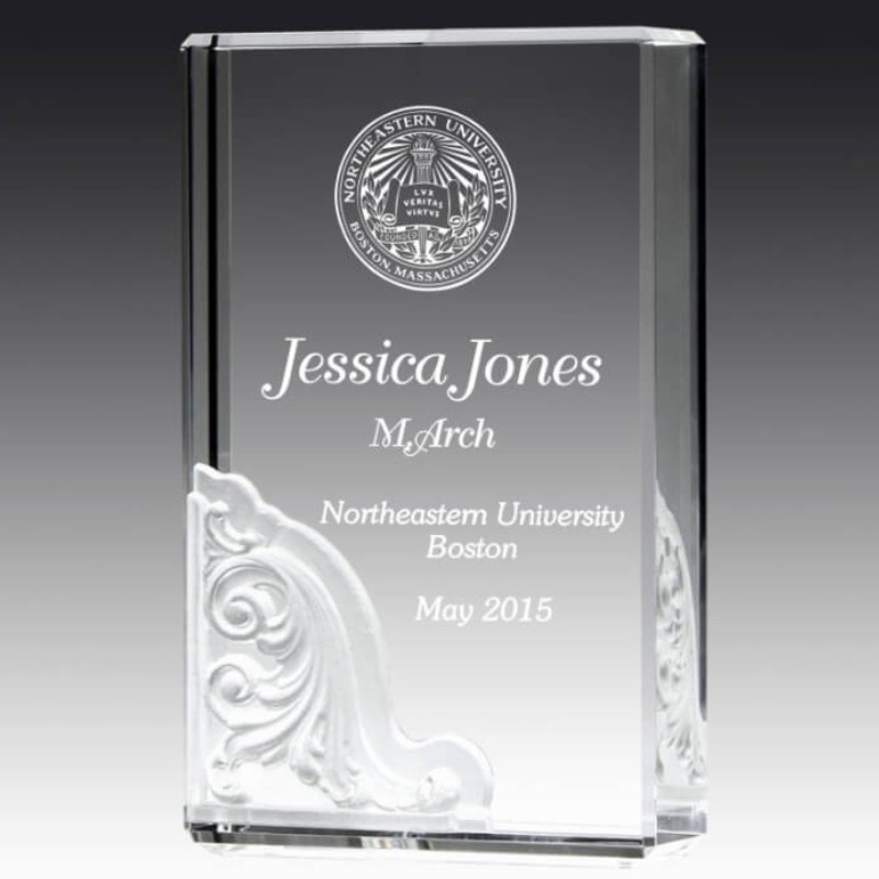 Engraved Crystal Block Award with Pate De Verre Architectural Design