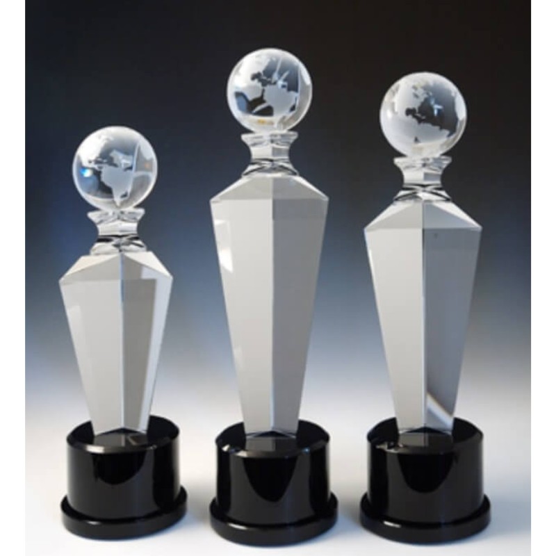 Engraved Crystal Globe On Tapered Tower with Black Base