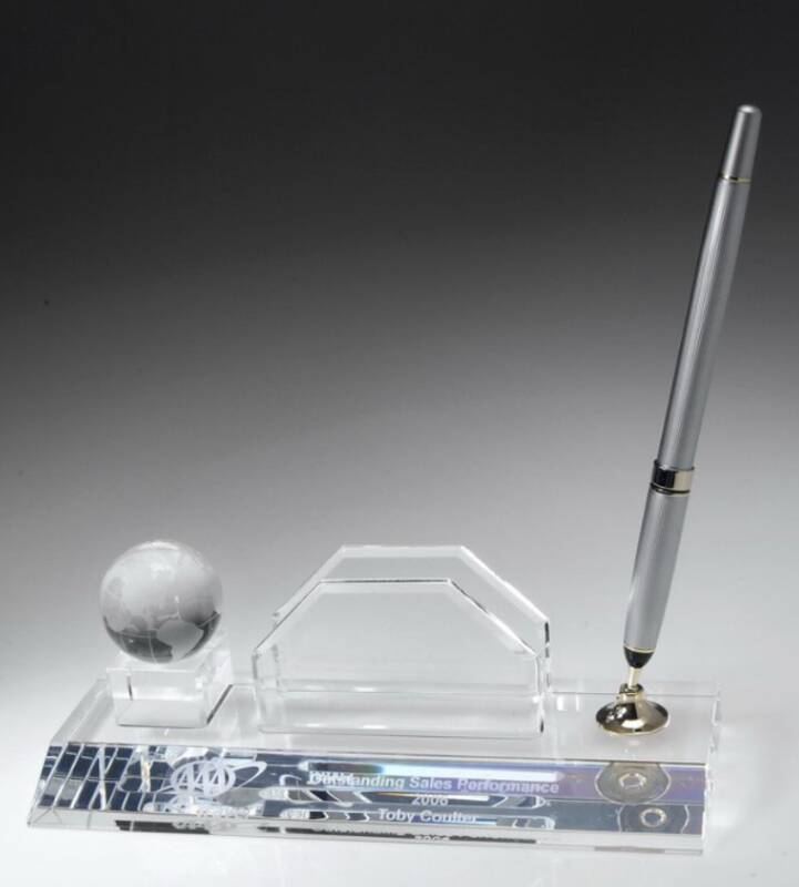 Engraved Crystal Globe Pen and Business Card Holder Set-Gloria