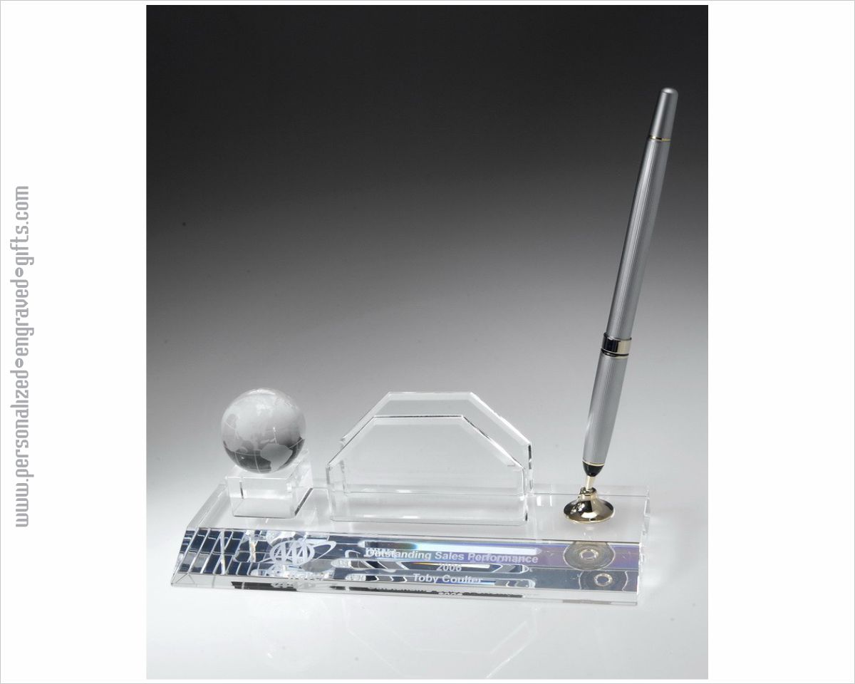 Engraved Crystal Globe Pen and Business Card Holder Set-Gloria