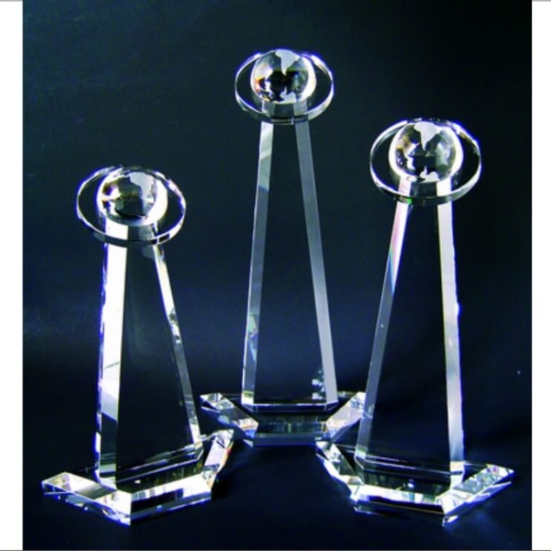 Engraved Crystal Globe Tower with Orbital Ring