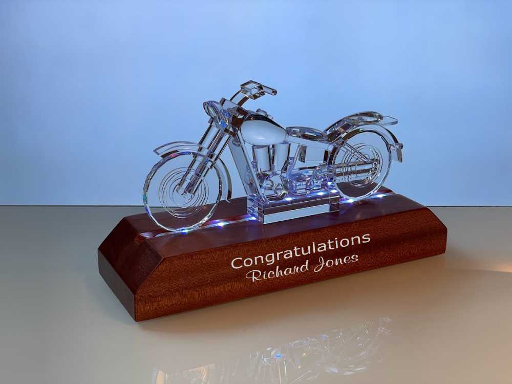 Crystal Motorcycle Award Figurine with Wooden Base - Victory