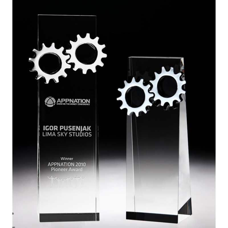Engraved Crystal Rectangle Award with Chrome Gears