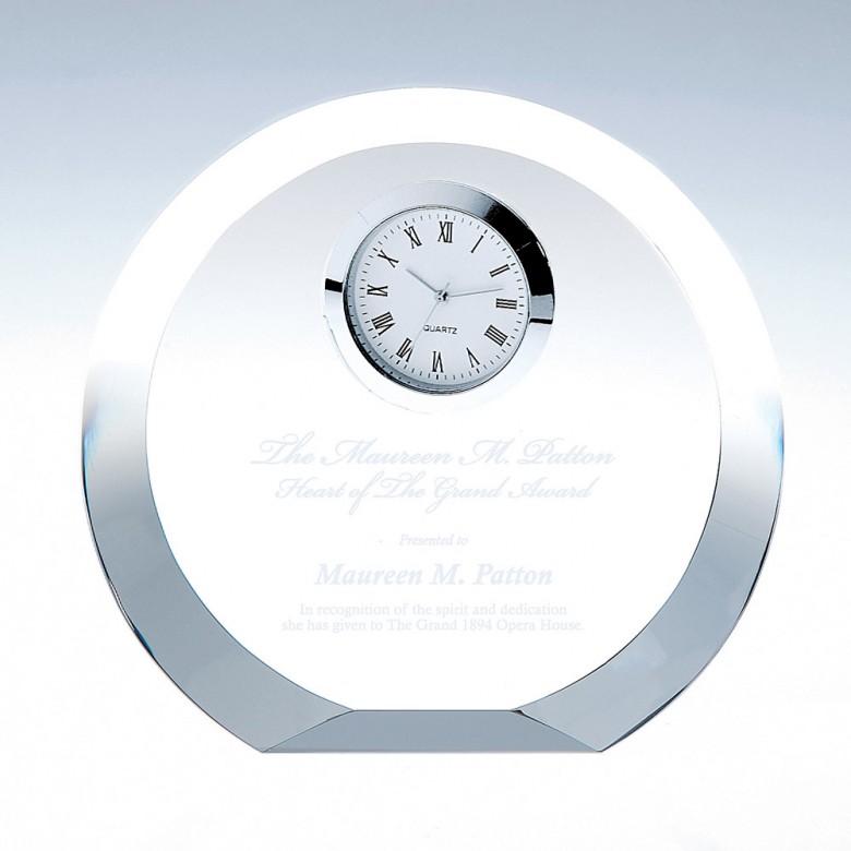 Engraved Crystal Round Clock with thick Beveled Edge Luna