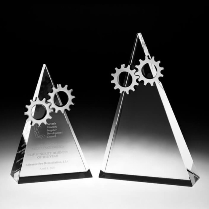 Engraved Crystal Triangle Award with Chrome Gears