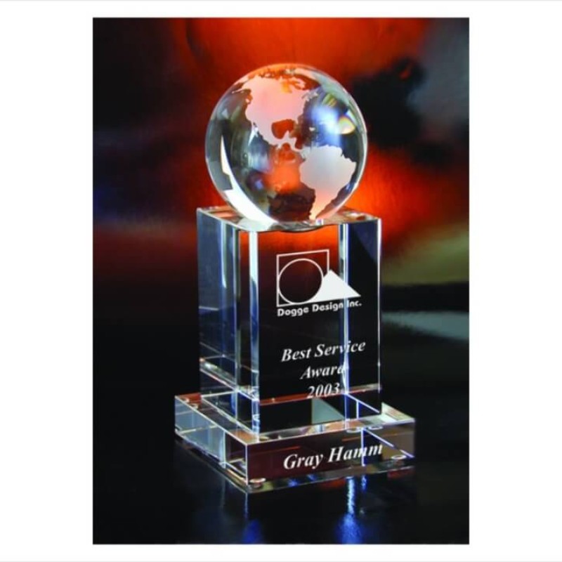 Engraved Crystal World on Square Pedestal Award