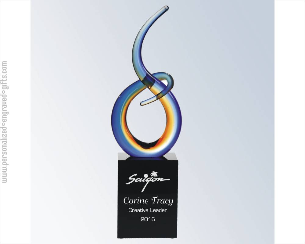 Engraved Blue and Yellow Free Form Art Glass Award on Black Base