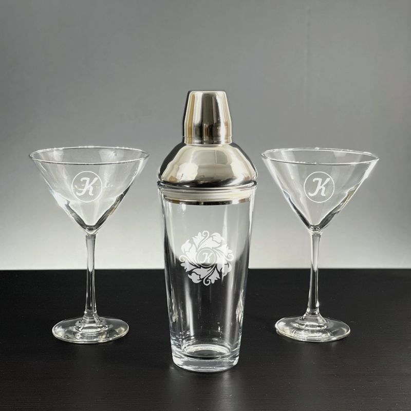 Engraved Jazz Glass Martini Shaker with 2 Personalized Stemmed Martini Glasses