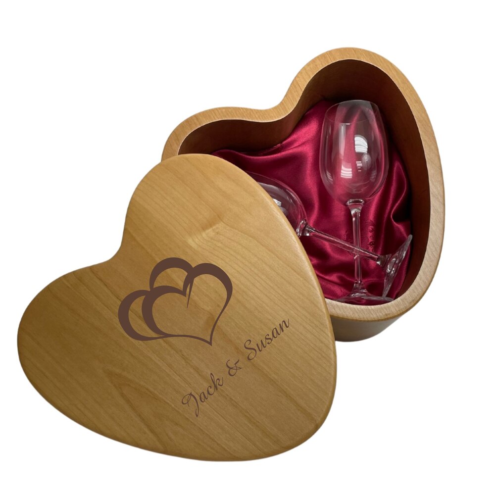 Laser Engraved Wooden Heart Shaped Gift Box with Wine Glasses