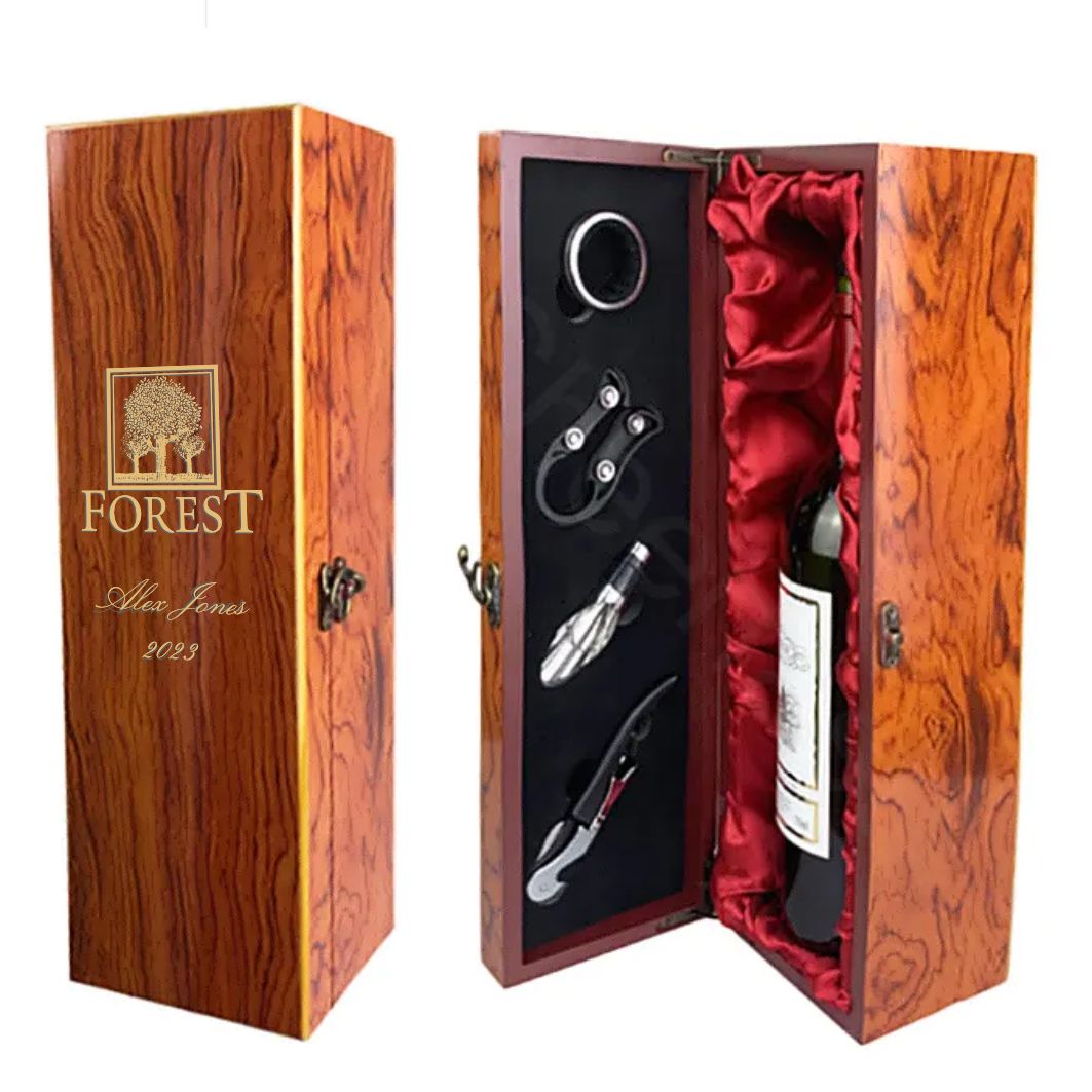 Oak Finished Wine Box Gift Set with 4 Tools Engraved