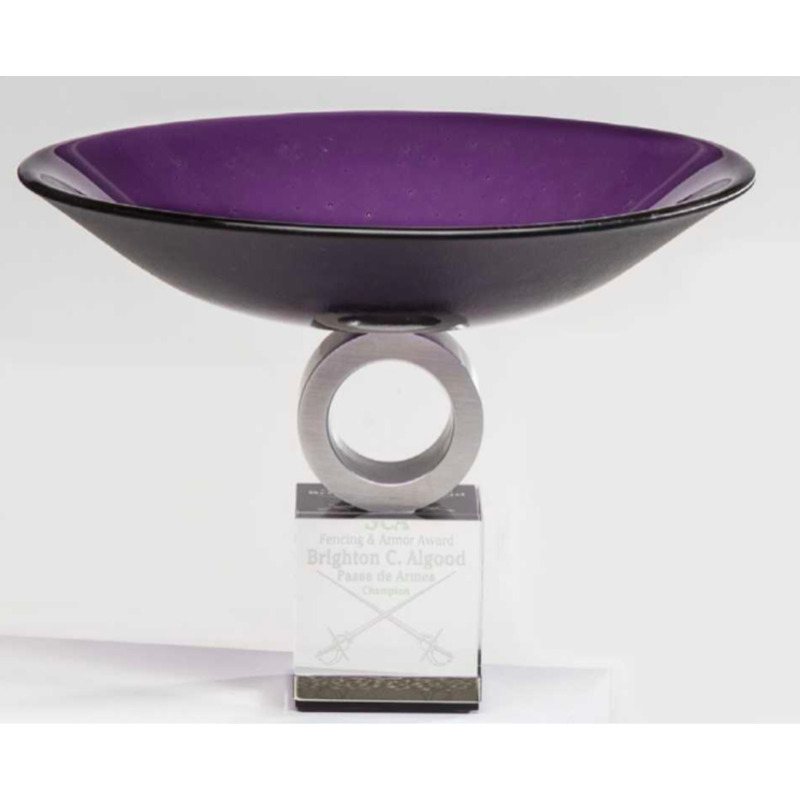 Engraved Pedestal Purple Art Glass Award Bowl Maude
