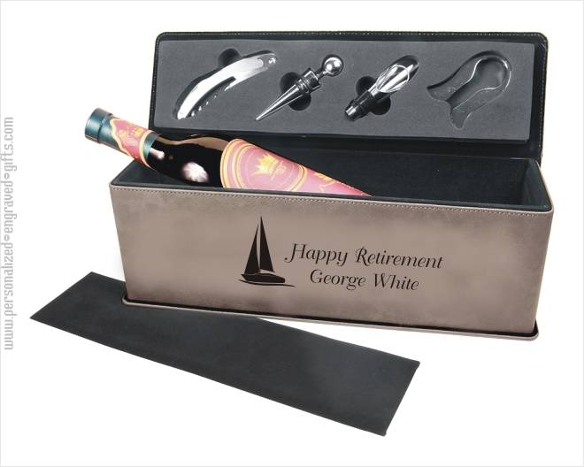 Laser Engraved Gray Leatherette Wine Gift Box