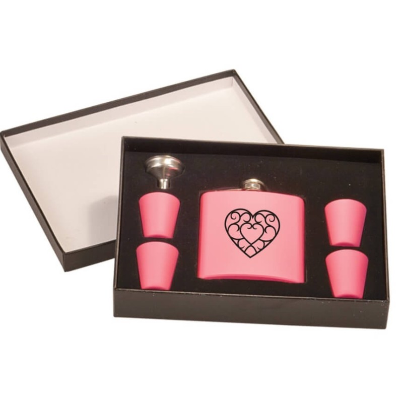 Engraved Pink Flask Gift Set with 4 Shot Glasses