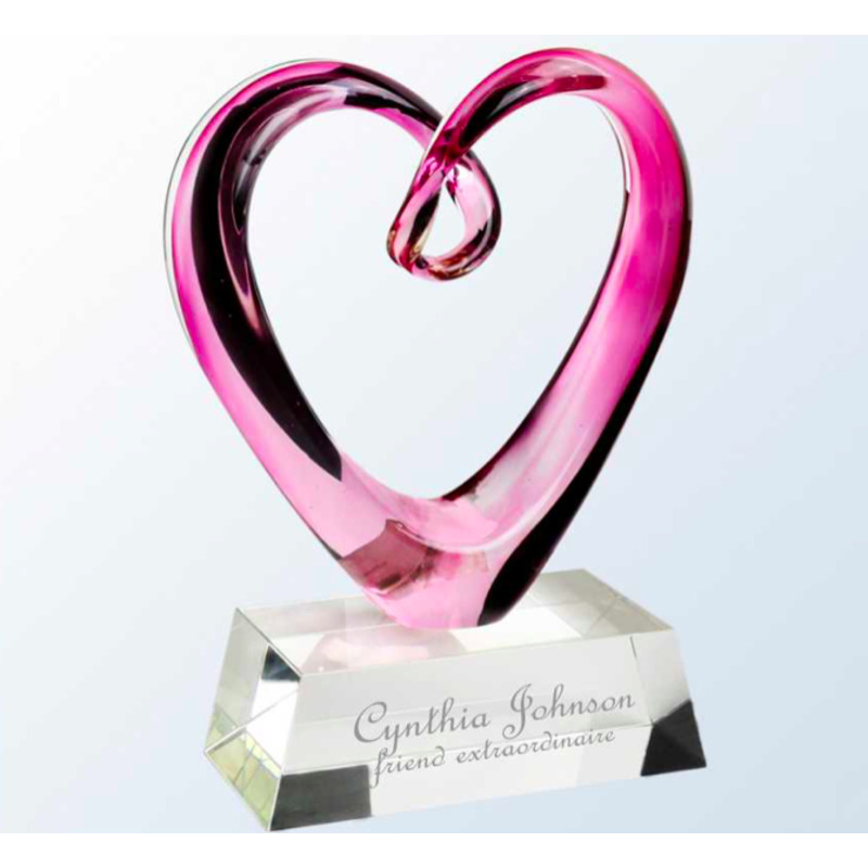 Engraved Pink Heart Art Glass Figure