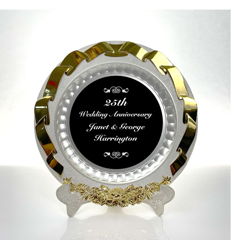 Decorative Silver Presentation Plate with Gold Ribbon