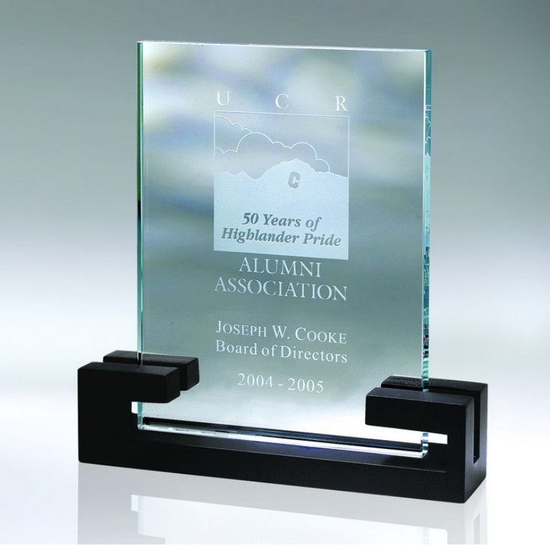 Engraved Starfire Glass Plaque Award in Black Wooden Base
