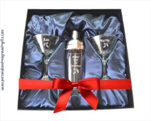 Red Ribbon Custom Engraved Holiday Martini Shaker Gift Set with 2 Glasses