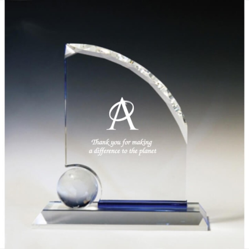 Etched Crystal Globe Award with Blue Crystal Accent