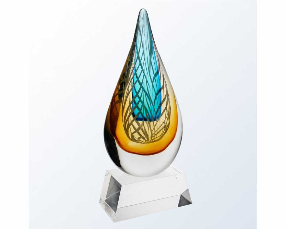 Feathered Blue and Gold Droplet on Clear Base- Peterson