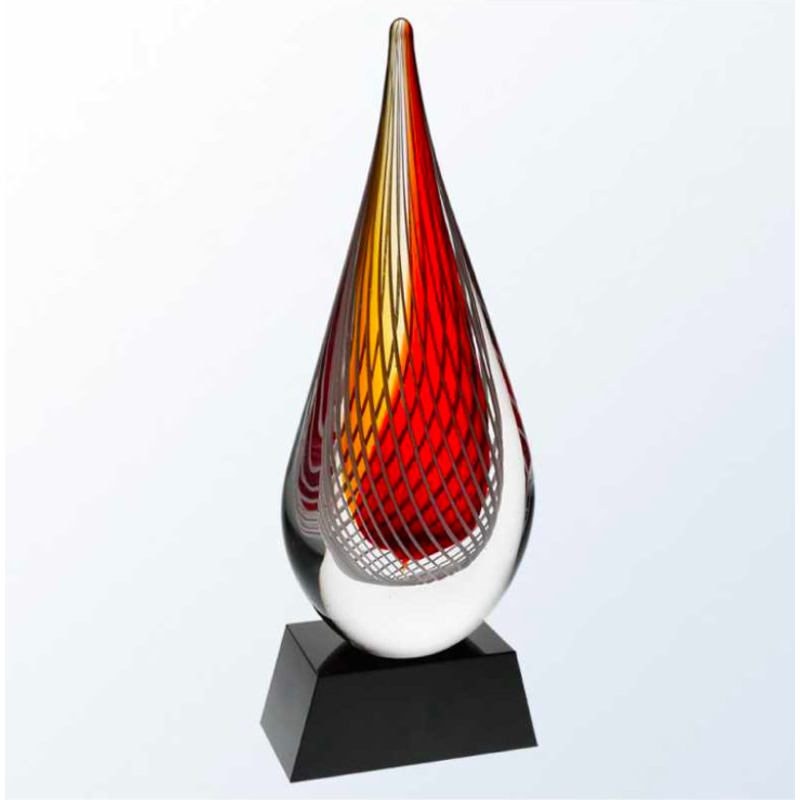 Fire Red Geometric Teardrop Glass Award on Black Base- Lewis