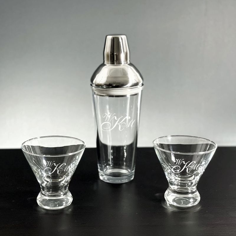 Engraved Jazz Glass Cocktail Shaker with 2 Personalized Stemless Martini Glasses