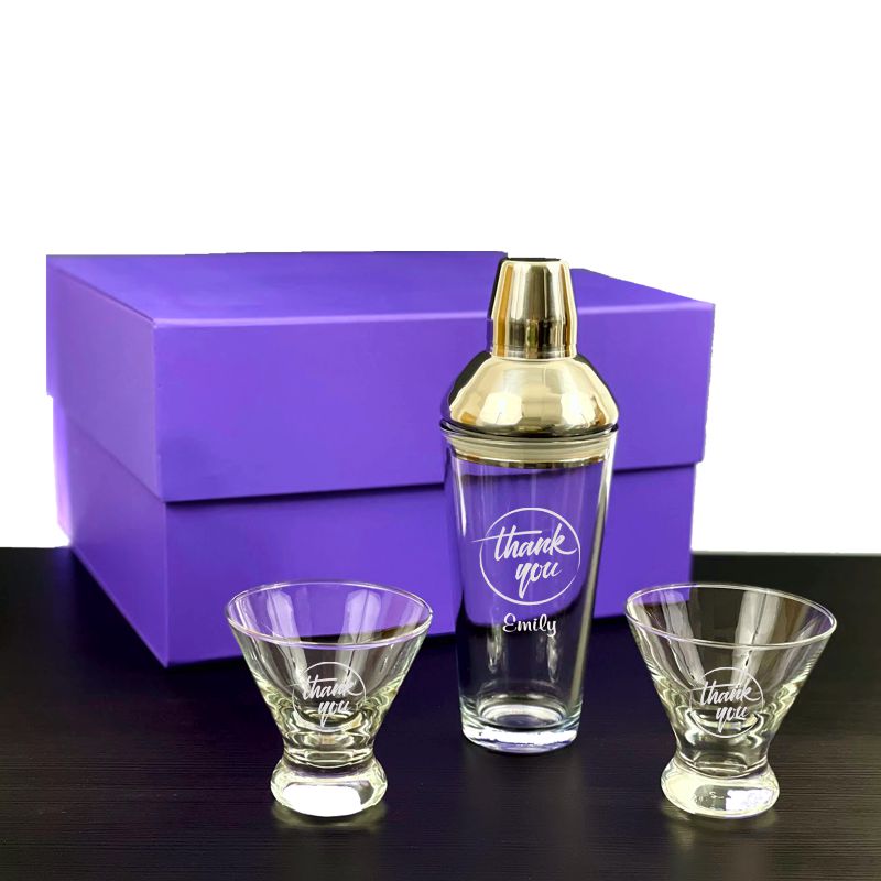 Jazz Glass Shaker with 2 Stemless Cocktail Glasses in Purple Gift Box