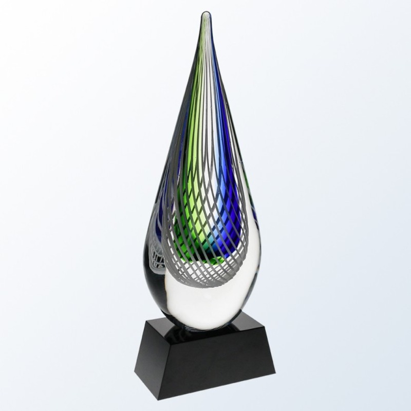 Green and Blue Geometric Teardrop Glass Award on Black Base - Reilly