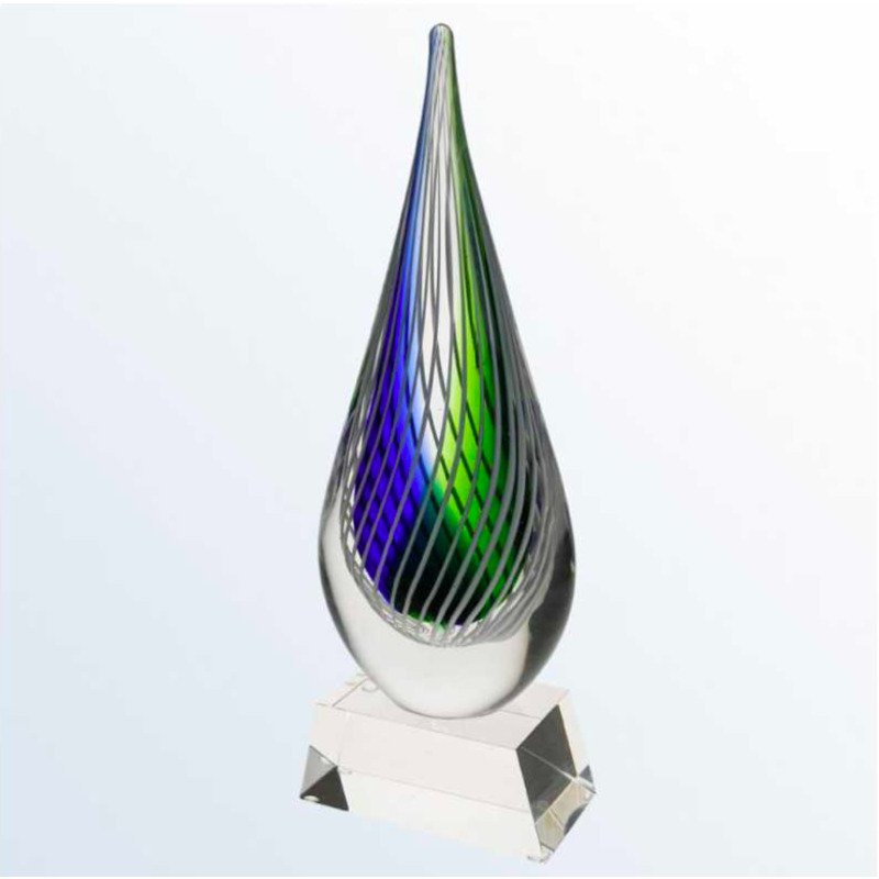 Green and Blue Geometric Teardrop Glass Award on Clear Base - Reilly