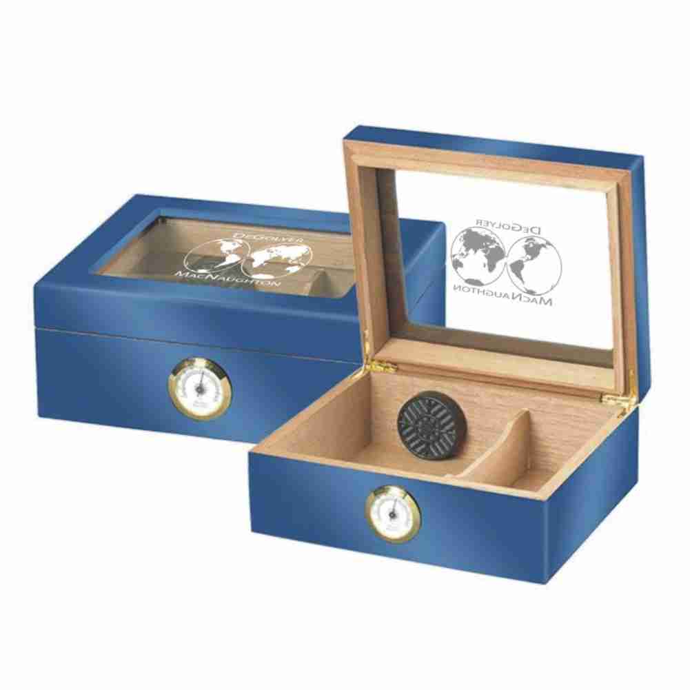 High Gloss Blue Humidor with Engraved Glass